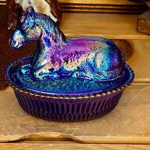 Horse Covered Candy Dish - Cobalt Carnival - 2 Piece Glass Horse on Ribbed Vase